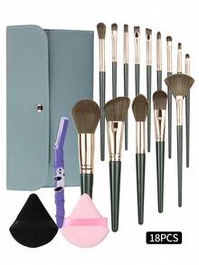 Set Kuas Makeup Hijau 18 Buah dengan Tas Penyimpanan, Puff Bedak & Alat Cukur Alis, Kuas Berbulu Lembut untuk Alas Bedak, Perona Mata & Perona Pipi - Dark Green - View 2