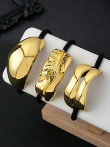1件不對稱金屬髮圈，鏡面弧形紋理極簡奢華彈性髮帶，百搭黑色髮繩，適合女性日常馬尾造型 - 金黃色 - 查看 2