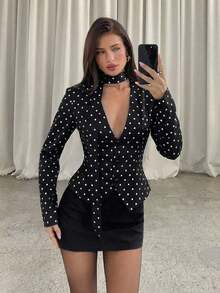 Chaqueta blazer de mujer con elegante estampado de lunares, adecuada para ir al trabajo - Negro - Ver 4