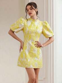 Aveloria Revavyn Vestido corto minimalista de manga corta con cintura ceñida, estampado todo sobre, de estilo bohemio y de vacaciones, con base negra y contraste de color burdeos, manga abullonada y estilo jacquard, para verano, primavera, otoño - Amarillo claro - Ver 4