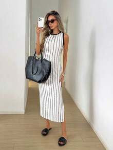 Vestido midi ajustado sin mangas con cuello redondo y bloques de color para mujer , vestido de verano, vestido de rayas verticales, vestido midi ajustado, vestido largo ajustado, vestido de verano con abertura, vestido de verano, vestido de primavera, vestidos elegantes para mujer, vestido de vacaciones para mujer, vestido midi blanco, vestido elegante de verano para mujer, vestido midi casual. - Blanco y Negro - Ver 10
