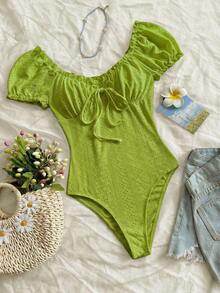 Body con estampado floral de hombros descubiertos ribete fruncido con nudo delantero pecho con fruncido - Verde - Ver 7