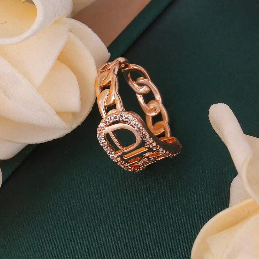 极简双层微镶嵌奢华戒指,时尚个性别致女士开口戒指 - 字母戒指 - 查看 1