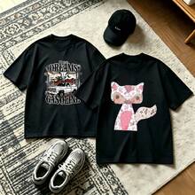 2-Piece Couple Matching Pattern T-Shirt, 100% Cotton, Loose Fit, Soft And Breathable, Casual Round Neck Short Sleeved Top Dreams Gasoline Truck Cat Pattern Versatile Patterns No Picky Combinations Coordinated Dating Casual Travel Simple And Cartoonish Printing Styles High Cost-Effectiveness Couple - 黑色 - 查看 1