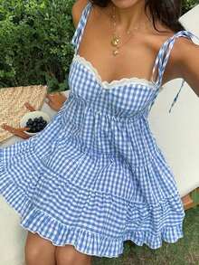 Vestido de mujer retro francés de cuadros rojos con tirantes finos, nuevo diseño de primavera temprana con encaje, versátil, dulce y elegante con capas - Azul - Ver 7