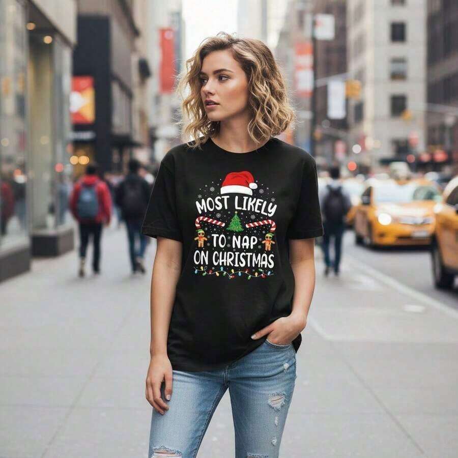 Women's Cotton T-Shirt With A Christmas Print, Featuring The Phrase "She's More Likely To Sleep On Christmas," Short Sleeves, Round Neck, Casual Loose Fit, Ideal For Christmas Parties, Sizes S-5XL, Soft And Comfortable Cotton Fabric, Festive Christmas Gift For Her. Suitable For Spring, Summer, And Autumn. - 黑色 - 查看 1