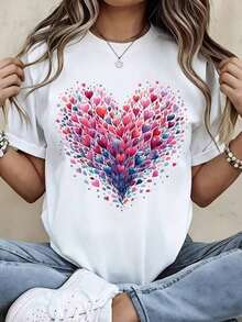 Camiseta con Estampado de Corazón para Mujer, Top Casual de Manga Corta, Diseño Romántico, Camiseta de Moda para el Día de San Valentín - Blanco - Ver 6