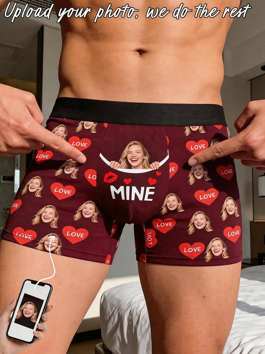 1件客製化人臉與「MINE」印花男士四角內褲，個性化照片內褲，趣味「女友財產」惡搞禮物送給他