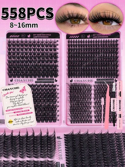 558/486pcs D-Curl Cluster False Eyelashes Set, High Capacity Synthetic Material Lashes, Curled & Natural Effect. Suitable For Beginners And Makeup Artists For Daily Makeup Practice And Work Makeup. Set Includes Lash Glue, Lash Curler And Lash Brush.