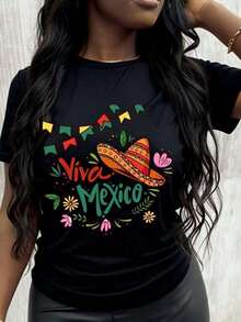 Plus Size Women's Casual T-Shirt With A "Viva México" Design Featuring A Sombrero And Flowers, Ideal For Summer Festivals And Cultural Celebrations. A Perfect Gift For Friends And Family Who Love Mexican Culture. Suitable For Everyday Casual Wear. - 黑色 - 查看 7