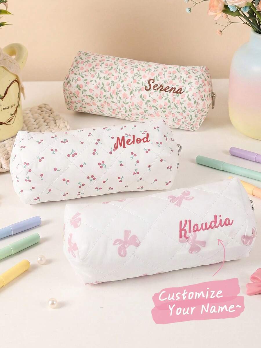 1PC Personalized Name Cute Bow Makeup Bag Aesthetic Custom Cosmetic Pouch For Girls Women Big Capacity Organizer Portable For Travel Daily Use Gift - Pink - View 1
