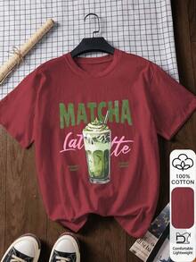 Casual Short-Sleeve T-Shirt In 100% Cotton With Matcha Print, Graphic Tee, Outerwear, Printed Print, Summer T-Shirt, Women's T-Shirt, Summer Blouse, Vacation Outfit, Beach Style, Minimalist Resort Wear - 波爾多 - 查看 5