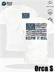 Soft Fabric T-Shirts For Men And Women With American Flag Print, Fishing Hook And Fish, With Round Neck And Short Sleeves, Casual Style, Ideal For Daily Wear, Holidays Or As A Gift, Outdoor Activity Themed Clothing. - 白色 - 查看 12