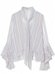 Blusa de mujer de gasa a rayas, diseño elegante de cuello en V con mangas con volantes, camisa fluida con corbata de lazo - Púrpura malva - Ver 9
