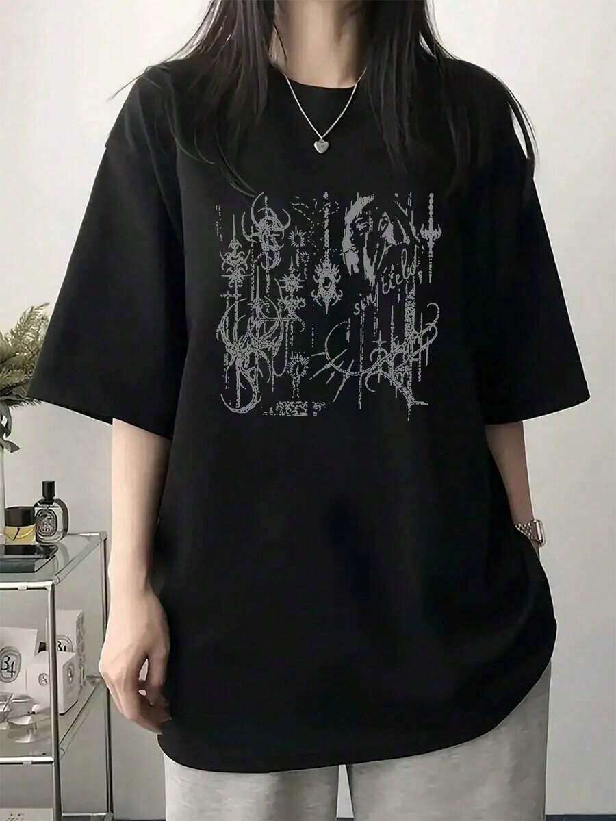 Fashion Printed T‑Shirts for Women, Oversized Streetwear Tops, Comfortable and Stylish All‑Match Summer TeesCamiseta de Verano para Mujer, Manga Corta, Estampado Geométrico, Cuello Redondo, Estilo Coreano, Corte Holgado, Moderna y Versátil - Negro - Ver 1