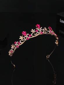 1pc European And American Style Gold Crystal Bridal Crown, Wedding Dress Headpiece - Hot Pink - View 8