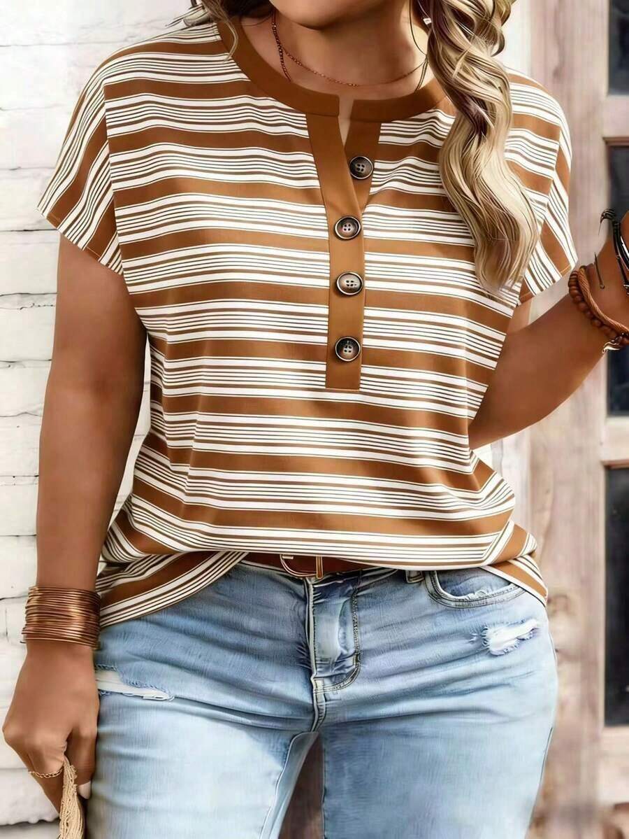 Camiseta de manga corta con cuello en V y estampado floral geométrico de color café oscuro, talla grande, para primavera/otoño - Multicolor - Ver 1