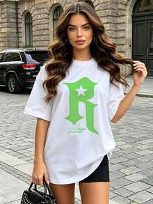 Women's Summer Casual Soft Round Neck Short Sleeve T-Shirt,The Star Letter R Print Graphic Is Suitable For Daily Wear In Spring And Summer.White - White - View 2