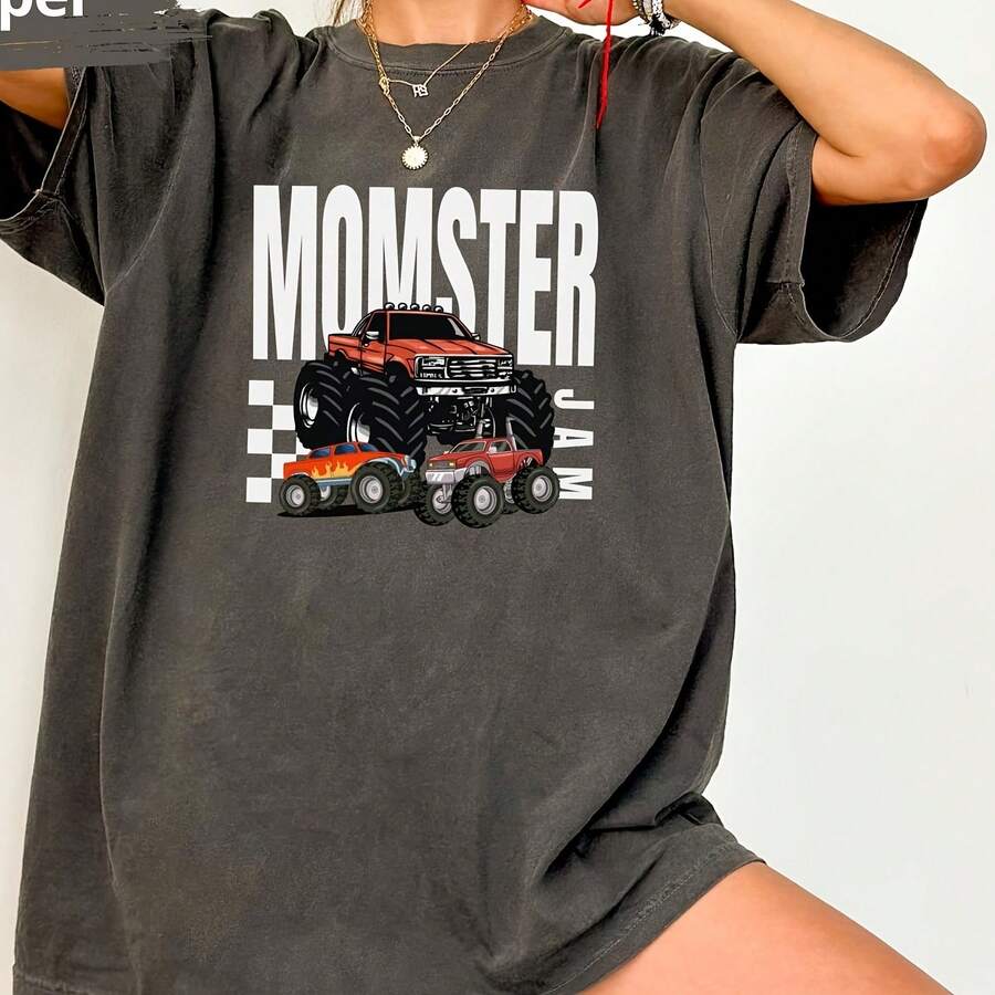 C.Omfort Colors Monster Truck Mom Shirt, Momster Jam Gift, Monstertruck Tee, Truck Lover Gift, Mom Mo - màu đen - Xem 1