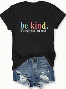 Chic Alphabet-Print Tee - Versatile, Easy-Care & Comfortable, Women's Casual All-Season T-Shirt Fashionable Womens Graphic Print T-Shirt - Casual Short Sleeve Crew Neck Top - Lightweight & Breathable For Spring & Summer Wardrobe - 黑色 - 查看 1