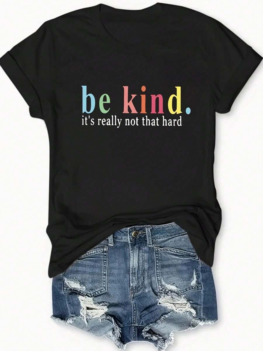 Chic Alphabet-Print Tee - Versatile, Easy-Care & Comfortable, Women's Casual All-Season T-Shirt Fashionable Womens Graphic Print T-Shirt - Casual Short Sleeve Crew Neck Top - Lightweight & Breathable For Spring & Summer Wardrobe - 黑色 - 查看 1