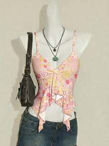 ICON Camisola Ajustada con Cuello en V y Volantes, Estampado Paisley Teal, Estilo Bohemio Retro Sexy Y2K para Mujer - Multicolor 2 - Ver 5