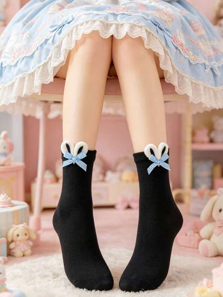 1/2/4 Pairs Women's Handmade Cute Rabbit Ear, Bowknot, Lolita Style Mid-Calf Socks - Multicolor - View 1