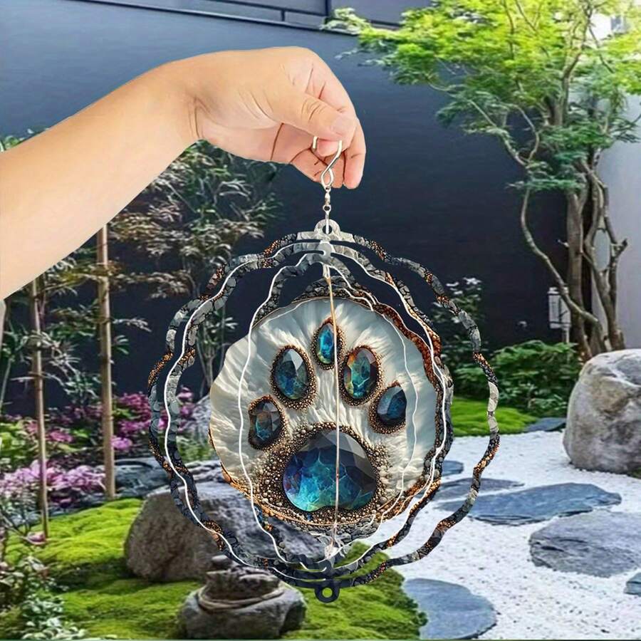 1pc Luxurious Pet Paw Print Wind Chime Metal 3D Rotating Wind Chime With 360° Unlimited Rotation Hook, Outdoor Garden And Patio Decor, Multifunctional Decoration For Garden, Patio And Indoor Space, Ideal Outdoor Gift, Outdoor Wind Chime, Teacher's Appreciation Gift, Perfect For Thanksgiving, Christmas, Halloween And Housewarming (9.84in*9.84in), (Pendant Not Included), Random Style