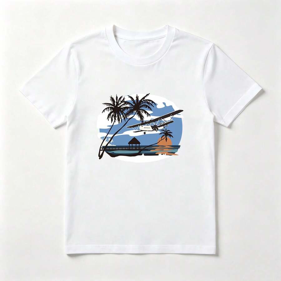 Aerial Sunset Comfortable Summer White Cotton T-Shirt - 白色 - 查看 1