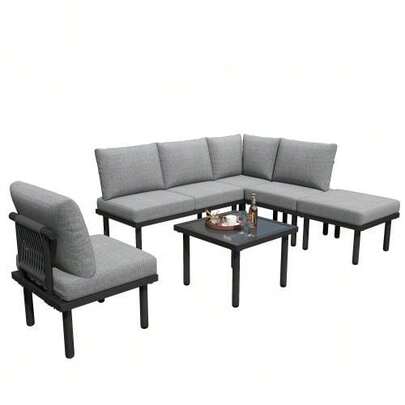 Set Of 6 Garden Lounge Chairs With Galvanized Iron Frame, Rope Garden Furniture Set, Beige Braided Rope, Adjustable Legs, Smooth Glass Tabletop, Includes All Seat And Back Cushions, Beige