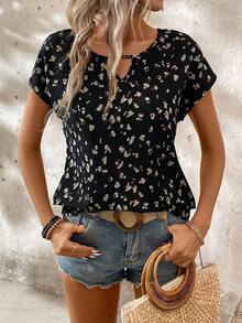 Camisa de mujer con estampado total, versátil para uso casual diario de manga corta - Negro - Ver 5