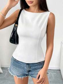 Camisa tipo camisola ajustada sin mangas con espalda abierta y lazo, unicolor.Elegante, informal, sexy y minimalista para oficina y negocio.Primavera/Verano - Blanco - Ver 4