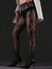 GNIM HL 1/2 paires de collants résille à motif floral vintage pour femmes. Collants transparents sexy à taille haute pour femmes, idéaux pour la boîte de nuit - Noir - Voir 10