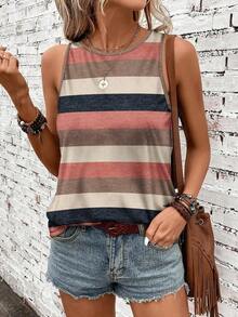Camiseta de tirantes holgada de verano para mujer, estampado de patrón de correa de mezclilla, elegante y versátil, apta para uso casual, vacaciones y paseos, con un estilo minimalista y retro - Multicolor - Ver 3