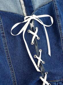 Chaqueta vaquera informal de mujer con manga abullonada y cruzada con lazo - Azul lavado medio - Ver 4
