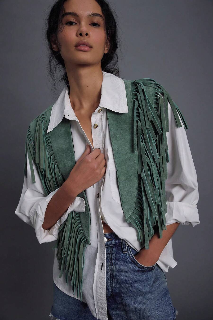 Women's Suede Tassel Vest 70s Hippie Outfit Sleeveless Open Front Vest Western Collar - Verde - Ver 1