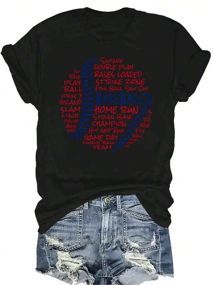 Men's And Women's Casual Baseball Print T-Shirt - Soft, Breathable, Crew Neck, Short Sleeve With Baseball Bat And Ball Print, Lightweight, Regular Fit, Casual Summer T-Shirt For Events And Casual Wear - Machine Washable, Unisex, For Baseball Fans - All Seasons, 100% Cotton, Durable - 黑色 - 查看 1