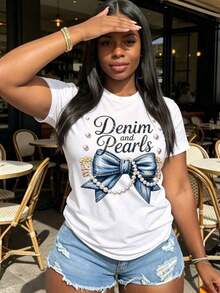 Casual Clothing Women's Graphic Tees With Denim And Pearls With Bow, Summer Outfit For Beach Vacation, Elegant Women's Tee With Denim And Pearls, Flirty Bow Design, Bohemian Tee, Blouses For Women>Shirt - 白色 - 查看 7