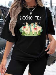 Women's Graphic Tee With The Fun Spanish Text "What's Your Name?" Alpaca Print T-Shirt - Cute Cartoon Alpaca Print With Spanish Text, Slim Fit, Short Sleeve, Round Neck, Casual Everyday Top, Machine Washable, Comfortable For All Seasons (Medium Size, Black) - Fun Animal-Themed Cotton T-Shirt. - 黑色 - 查看 7