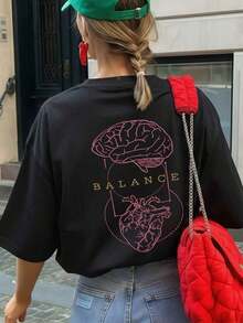 NewSummerCasual Women's Short Sleeve Crew Neck T-Shirt For Summer With "Anatomy Of The Brain And Heart" Print - BALANCE, Suitable For Street, Daily Wear, Work, Office Party, Going Out, Casual Holiday Occasions - Vintage Street Style Unisex Loose Cotton Short Sleeve Crew Neck T-Shirt - 黑色 - 查看 6