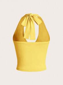 Moderno top sólido con diseño calado, cuello halter y escote en V para mujer - Amarillo - Ver 2