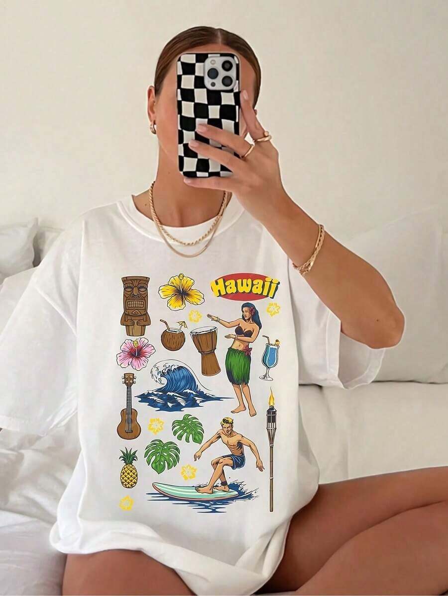 1 Piece Of Women's Hawaii Print T-Shirt - Casual Loose Fit, Short Sleeve, Round Neck, Medium Elasticity, Machine Washable, Casual Top For Women, Unique Design, Fashionable T-Shirt For Spring And Summer, 180g 100% Cotton. - 白色 - 查看 1