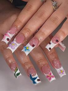 24pcs Long Coffin Shaped 3D Gel Nail Stickers, Includes Hibiscus Flower & Ladybug Patterns, Suitable For Short Nails, Comes With Double-Sided Tape 1pc & Nail File 1pc - Multicolor - View 2