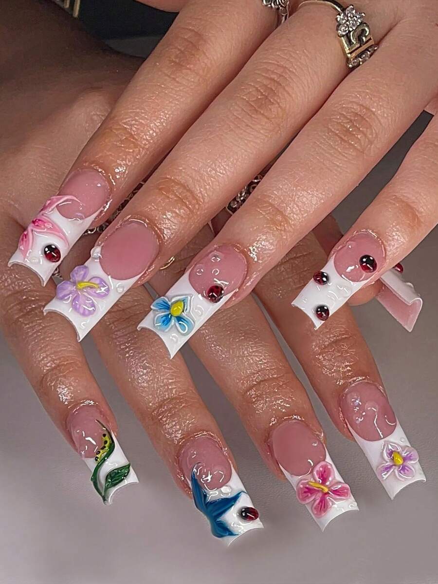 24 miếng dán móng tay gel 3D hình quan tài dài, bao gồm họa tiết hoa dâm bụt & bọ rùa, phù hợp cho móng ngắn, đi kèm 1 miếng băng dính hai mặt & 1 dũa móng tay - Nhiều màu - Xem 1
