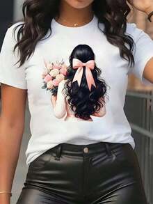 New Arrivals For Summer. Women's T-Shirt With A Girl Print Featuring A Pink Bow And A Bouquet Of Flowers, Round Neck, Casual Everyday Wear, Soft And Comfortable, Festive Style. Blouse, Shirt > Beautiful. - 白色 - 查看 7
