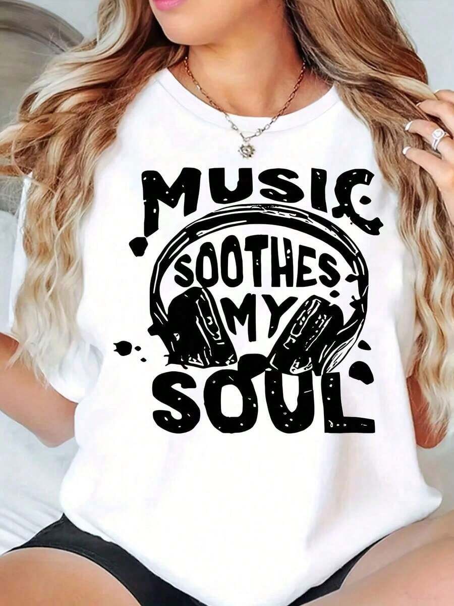 New Arrivals For Summer. Women's Round Neck T-Shirt, Graphic Print "Music Calms My Soul", Casual Loose Fit, Blouse, Shirt > Beautiful. - 白色 - 查看 1