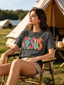 1 camiseta con estampado gráfico "Jesus Loves You", manga corta, cuello redondo, estilo casual para verano y primavera, camiseta para mujer, 180g, 100% algodón. - Blanco - Ver 11