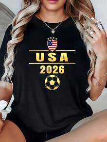 Shield With United States Flag Accompanied By Five Gold Stars And A Soccer Ball Under The Text USA 2026 Symbolizing Sporting Passion And National Pride. Women's Casual Modern Comfortable T-Shirt For Everyday Wear - 黑色 - 查看 1