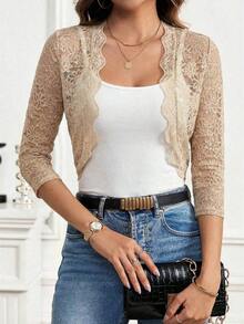 Chaqueta corta elegante de mujer de encaje floral transparente y ligera, estilo de vacaciones, primavera/verano - Albaricoque - Ver 8