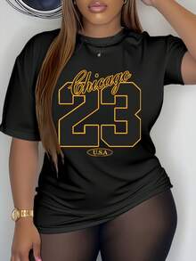 23 Women's Printed T-Shirt - Loose Fit Urban Style T-Shirt, Breathable Everyday T-Shirt, Fashionable Chicago City Top, Chicago T-Shirt, Summer Clothing, Geometric Pattern, Comfortable Material, Short Sleeve T-Shirt, Women - 黑色 - 查看 1